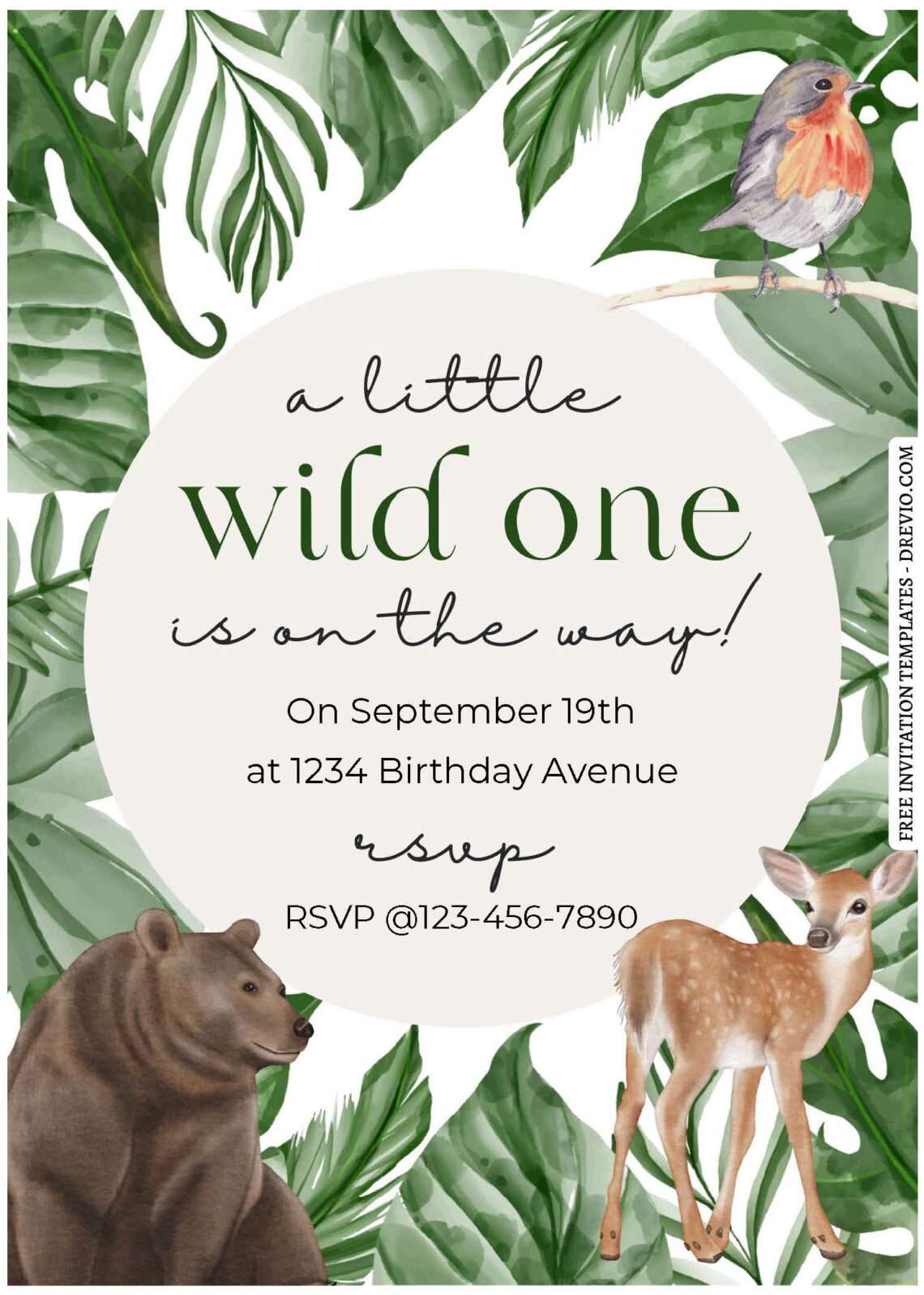 (Free Editable PDF) Watercolor Wild One Birthday Invitation Templates with greenery leaves