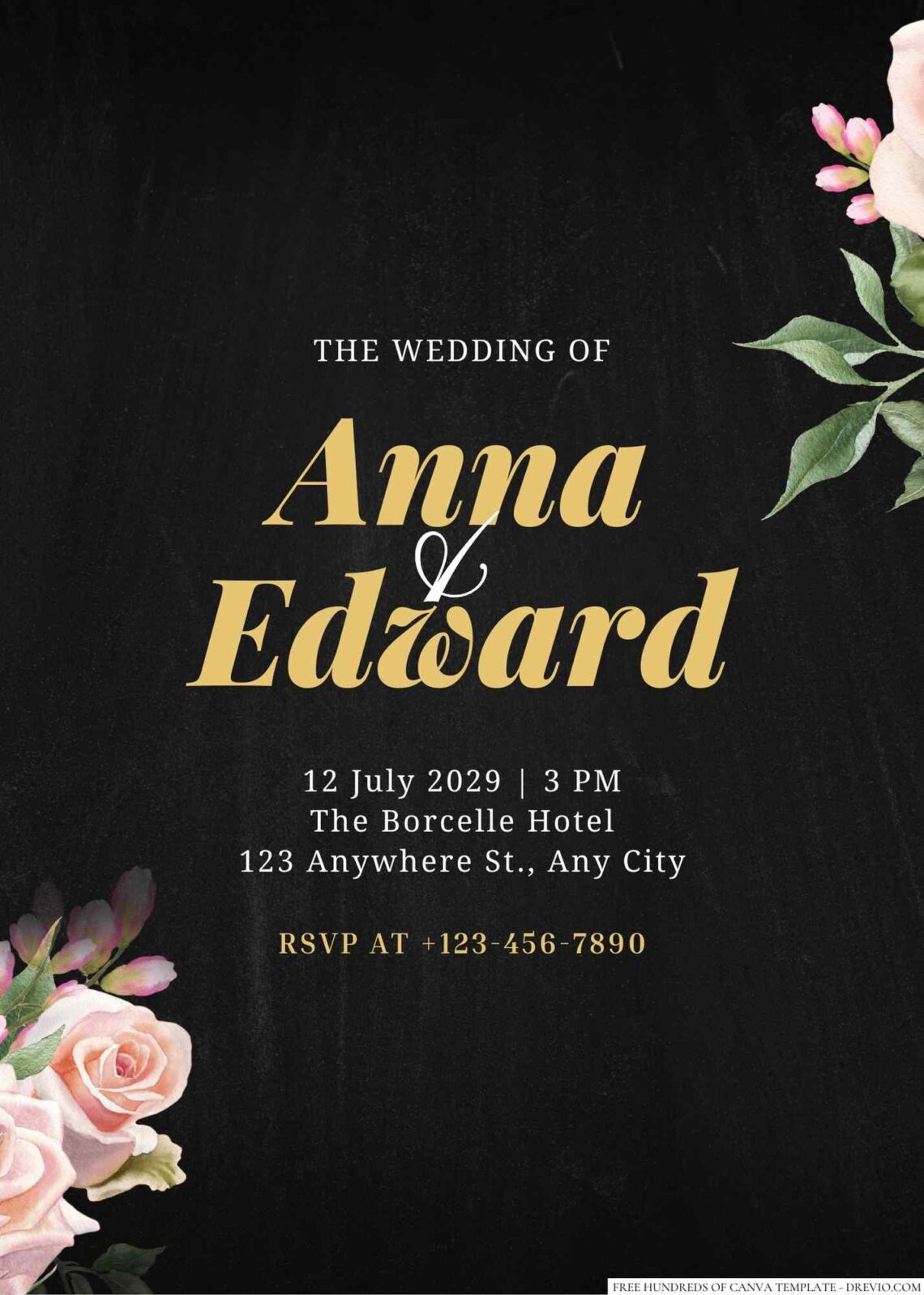 Chalkboard Watercolor Rose Flower Canva Wedding Invitation Templates