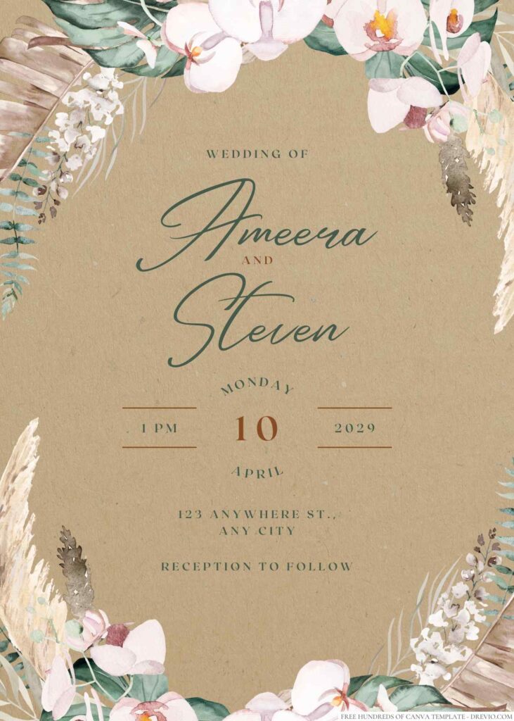 Free Editable Rustic Watercolor Wreath White Wedding Invitation 