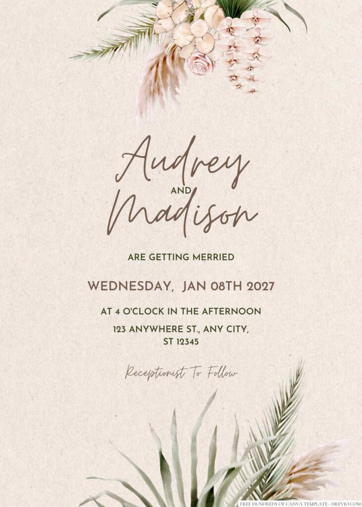 Free Editable Rustic Pampas Grass Dried Floral Wedding Invitation