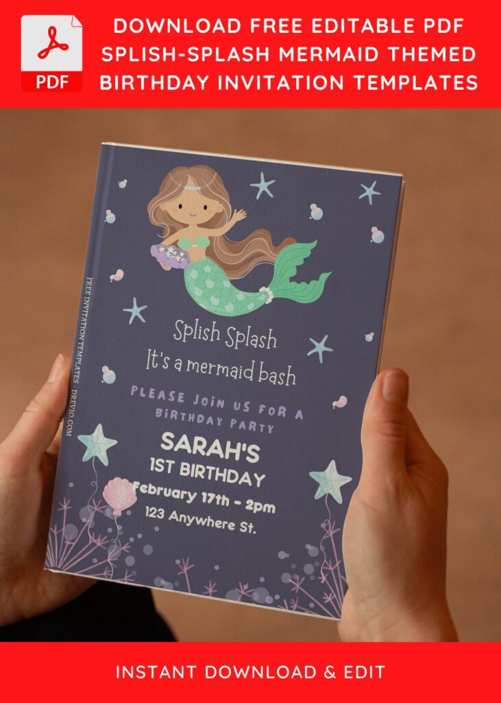 (Free Editable PDF) Splish Splash Mermaid Birthday Bash Invitation Templates with Clam shell balloon