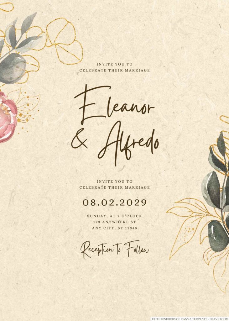 Free Editable Rustic Pink Flower Gold Lines Wedding Invitation