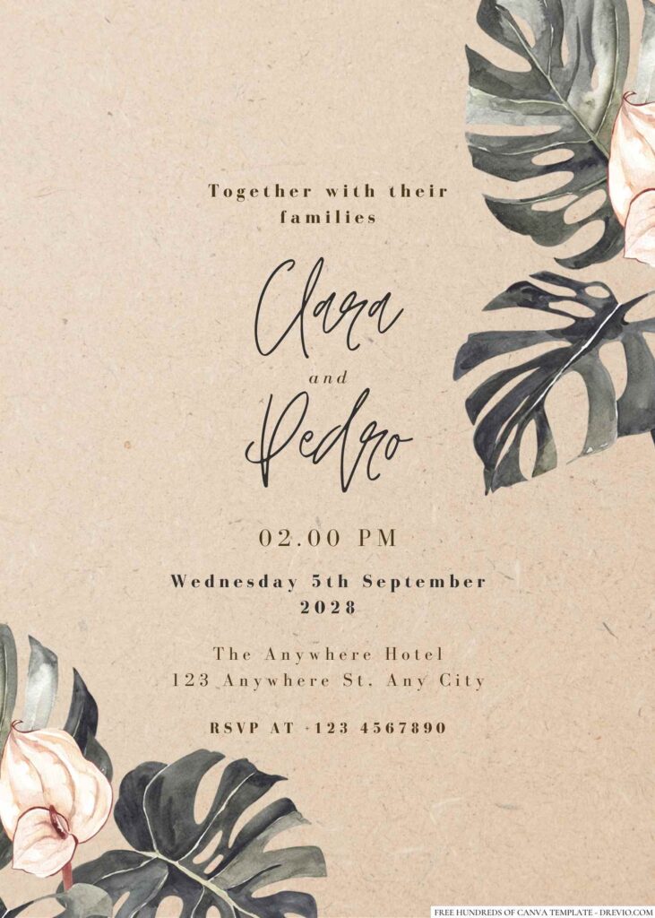 Free Editable Rustic Watercolor Boho Tropical Black Wedding Invitation