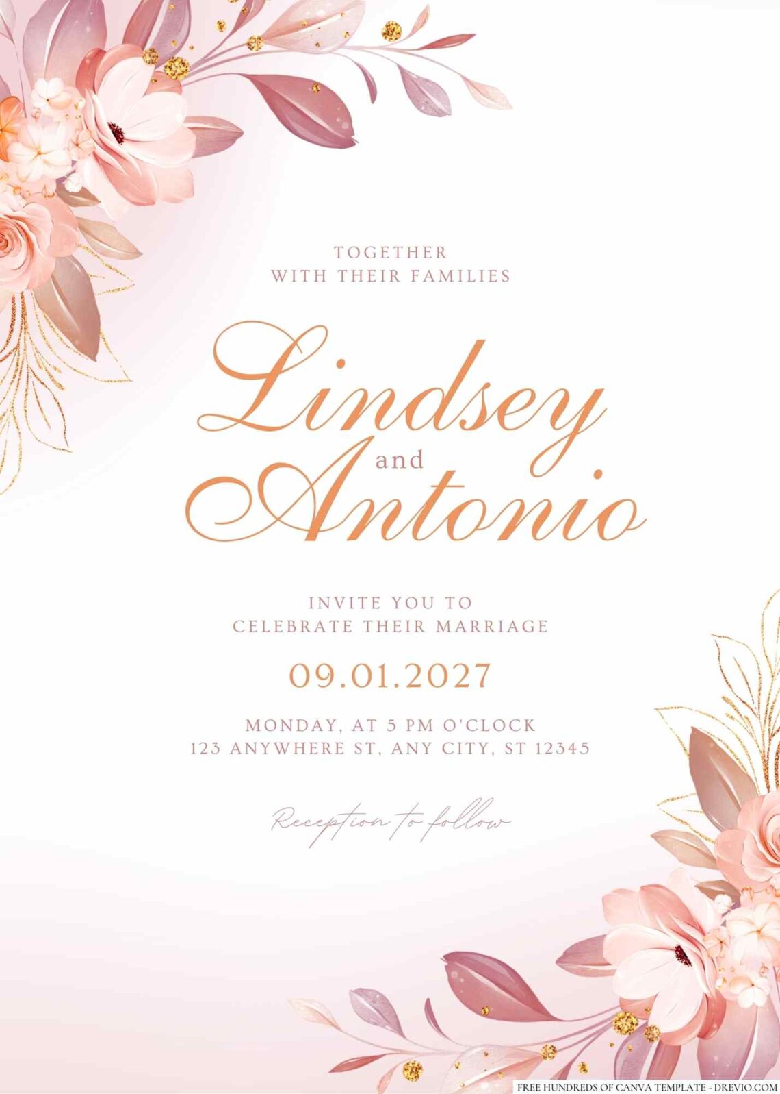 16+ Rose Gold Flower Canva Wedding Invitation Templates | Download ...