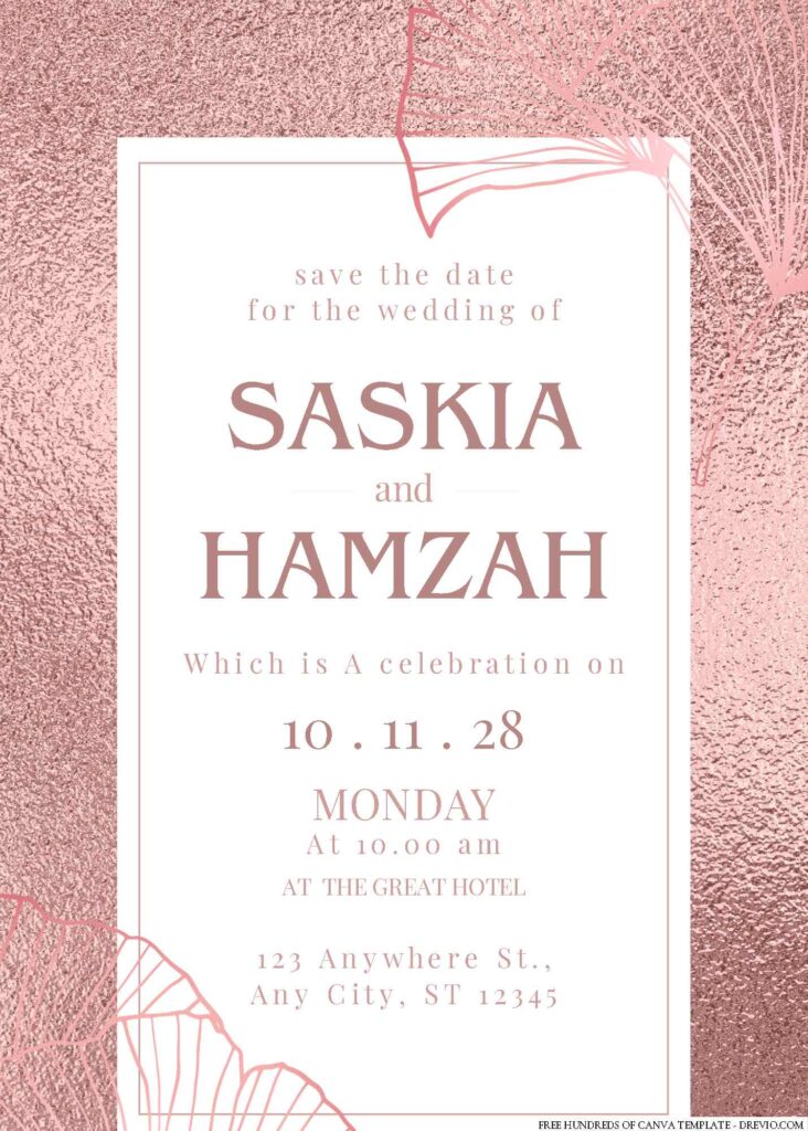 Free Editable Elegant Rose Gold Leaves Wedding Invitation
