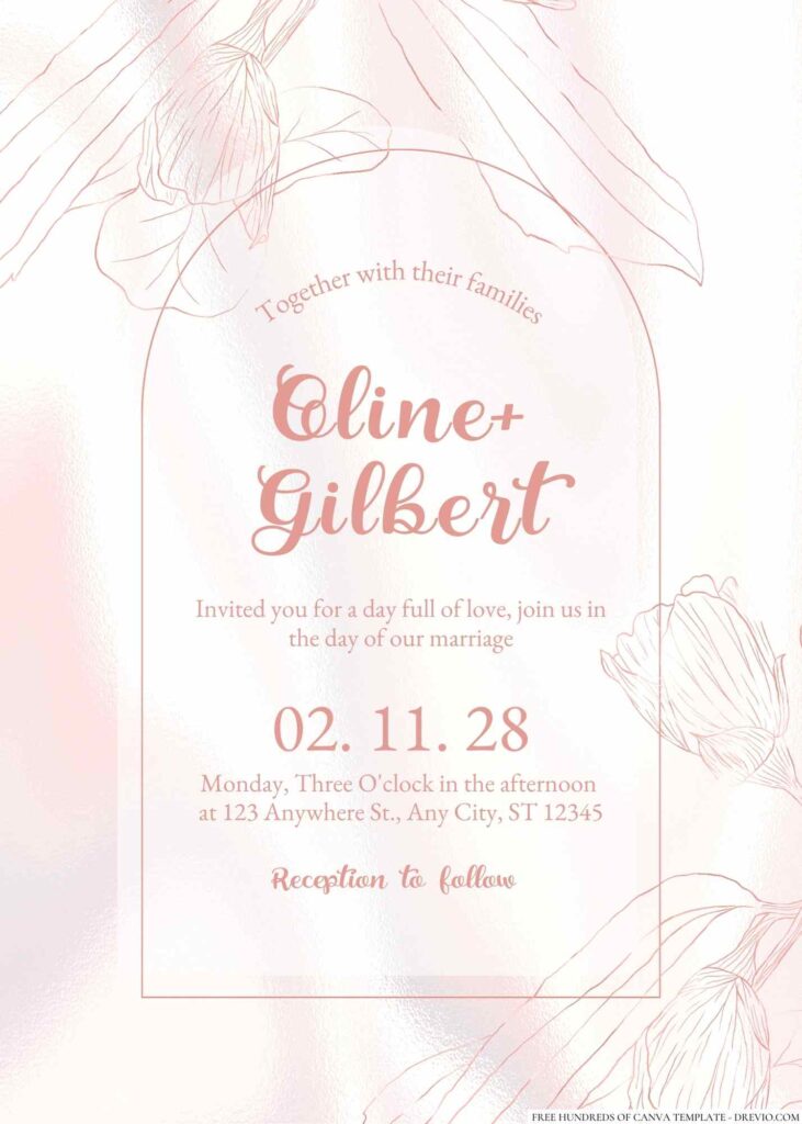 Free Editable Rose Flower Line Art Rose Gold Wedding Invitation