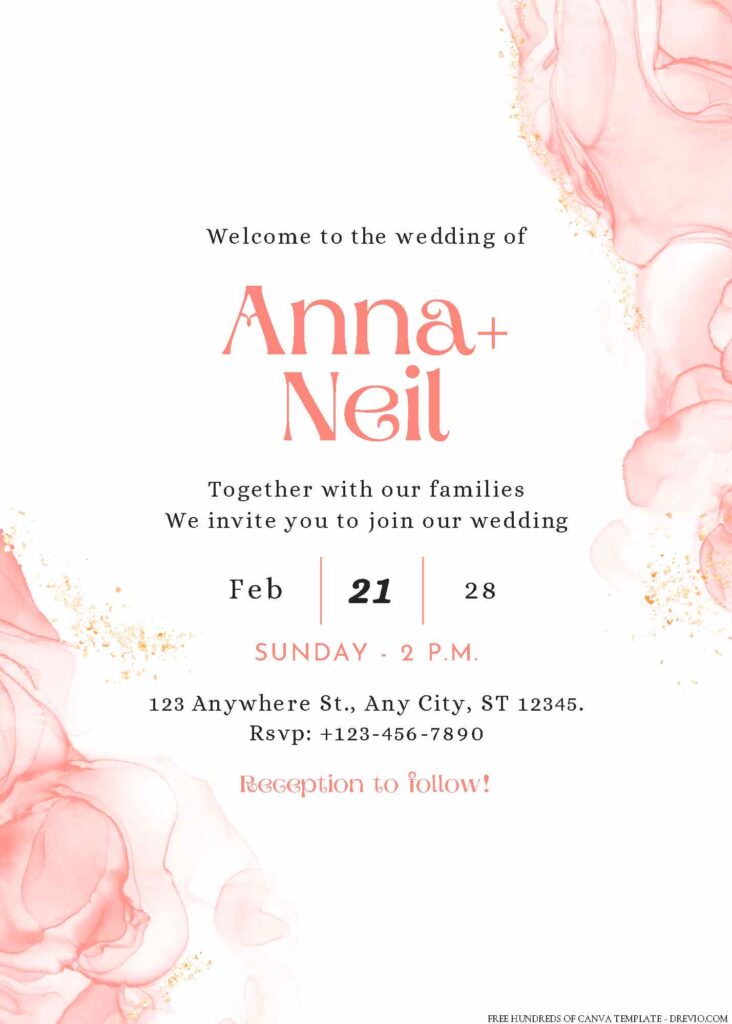 Free Editable Rose Gold Pink Splash Wedding Invitation