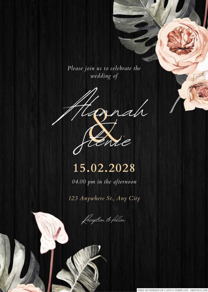 Free Editable Wood Tropical Dark Bouquet Floral Wedding Invitation