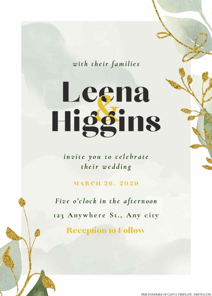 Free Editable Minimalist Greenery Leaves Green Gold Wedding Invitation