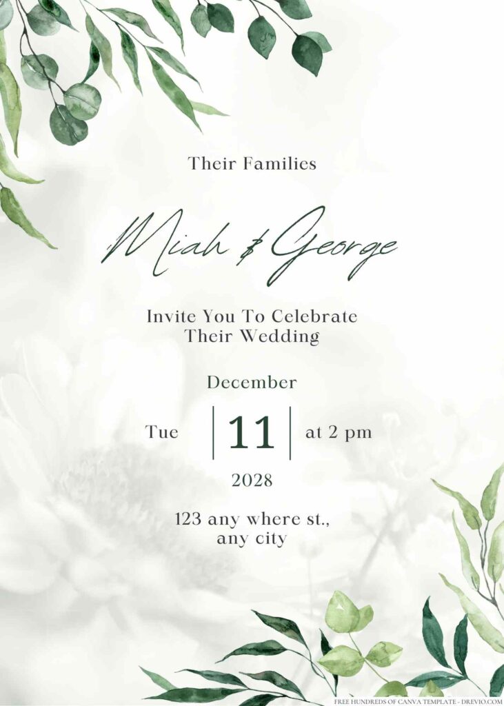 Free Editable Minimalist Greenery Leaves Botanical Wedding Invitation
