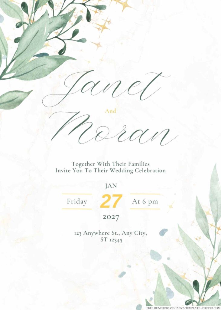 Minimalist Greenery Gold Glitter Canva Wedding Invitation Templates