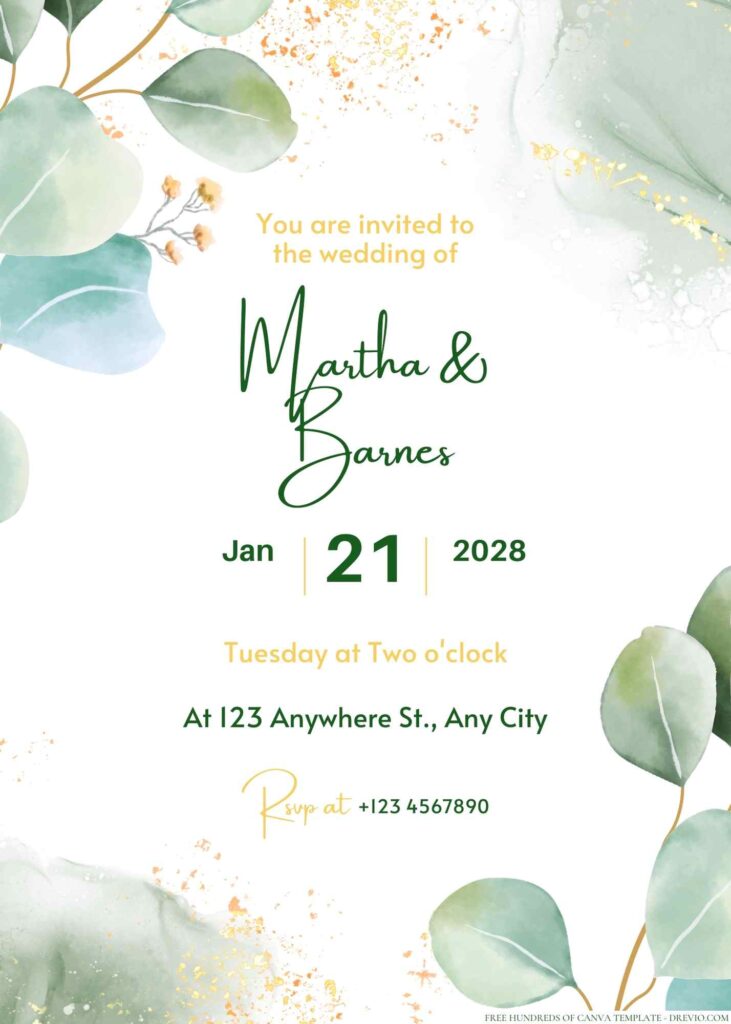Free Editable Minimalist Greenery Dark Leaves Wedding Invitation