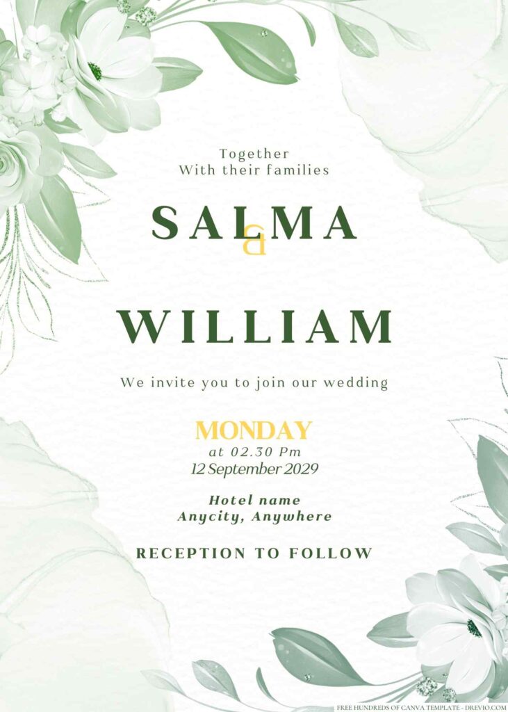 Free Editable Minimalist Green Pastel Floral Wedding Invitation