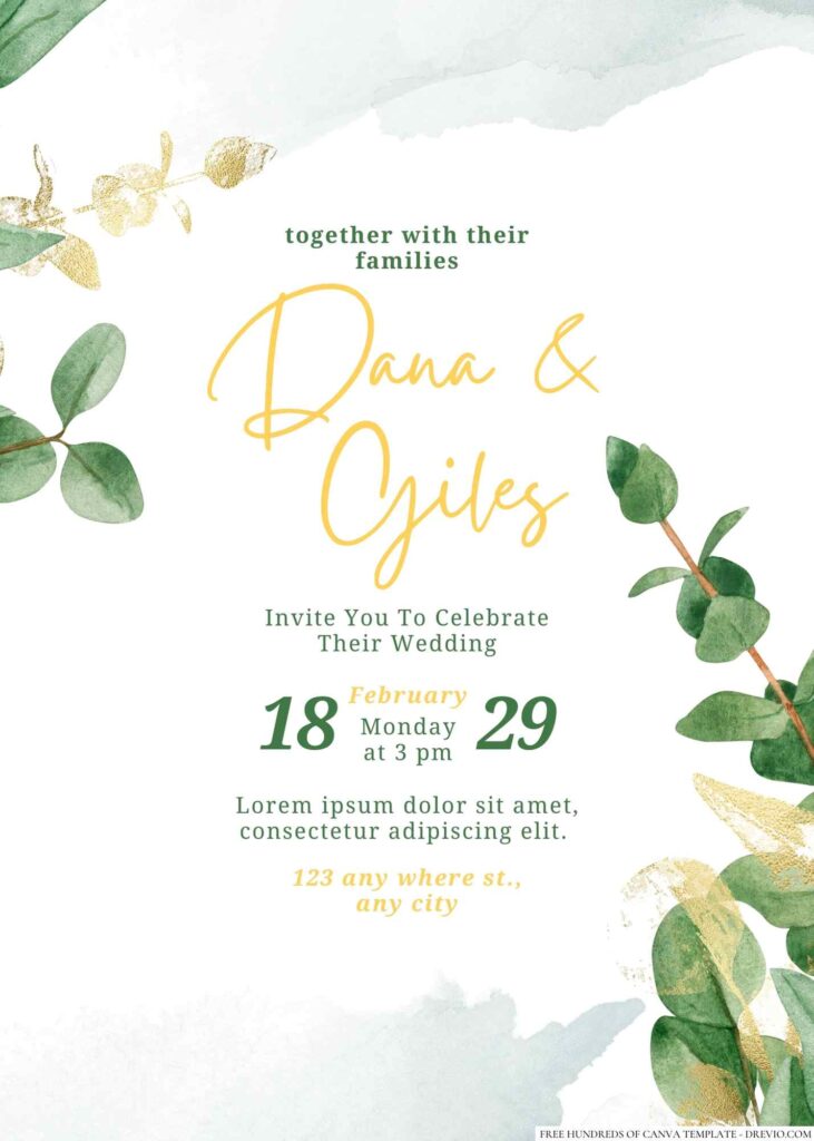 22+ Minimalist Greenery Eucalyptus Gold Glitter Canva Wedding Invitation Templates
