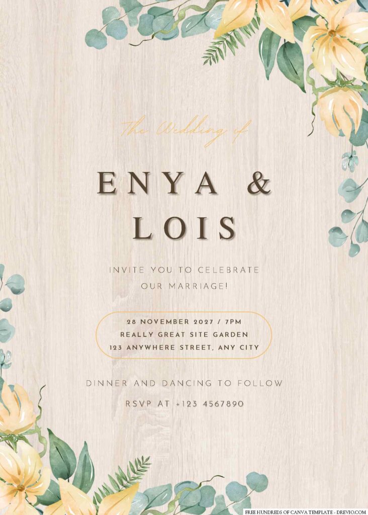Free Editable Wood Yellow Floral Arrangement Wedding Invitation