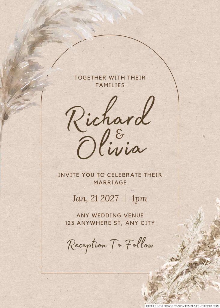 Free Editable  Rustic Dried Pampas Grass Wedding Invitation