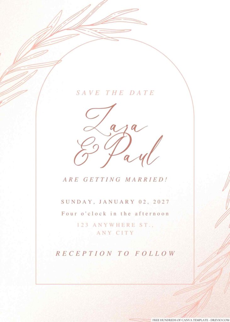 Free Editable Foliage Line Illustration Rose Gold Wedding Invitation