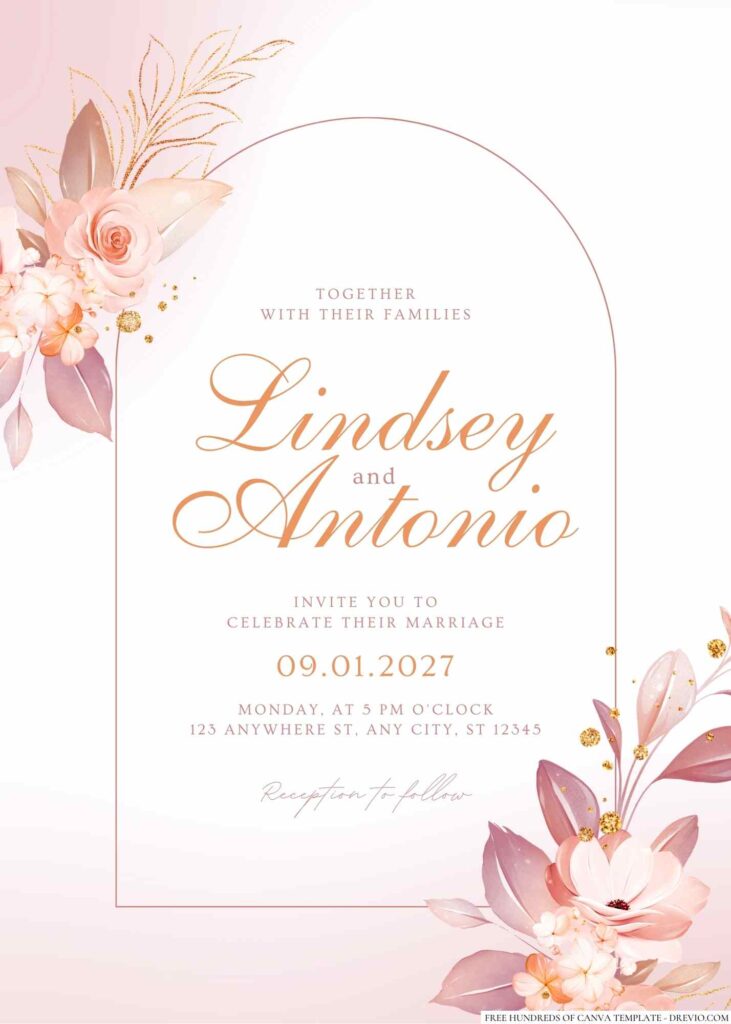 Free Editable Rose Gold Flower Wedding Invitation