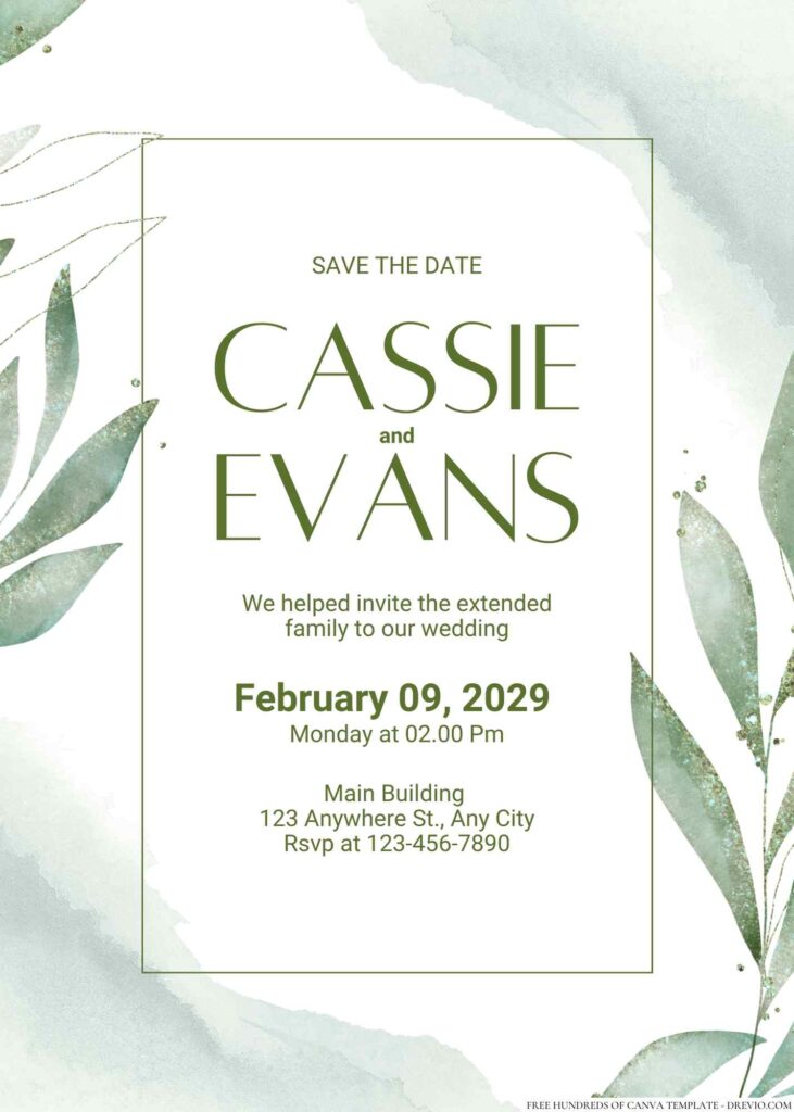 Free Editable Minimalist Green Watercolor Leaves Wedding Invitation