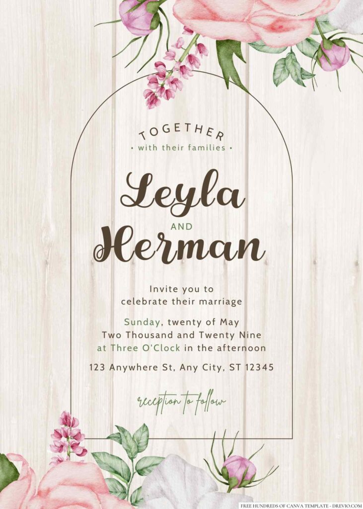 Free Editable Wood Pink White Floral Wedding Invitation