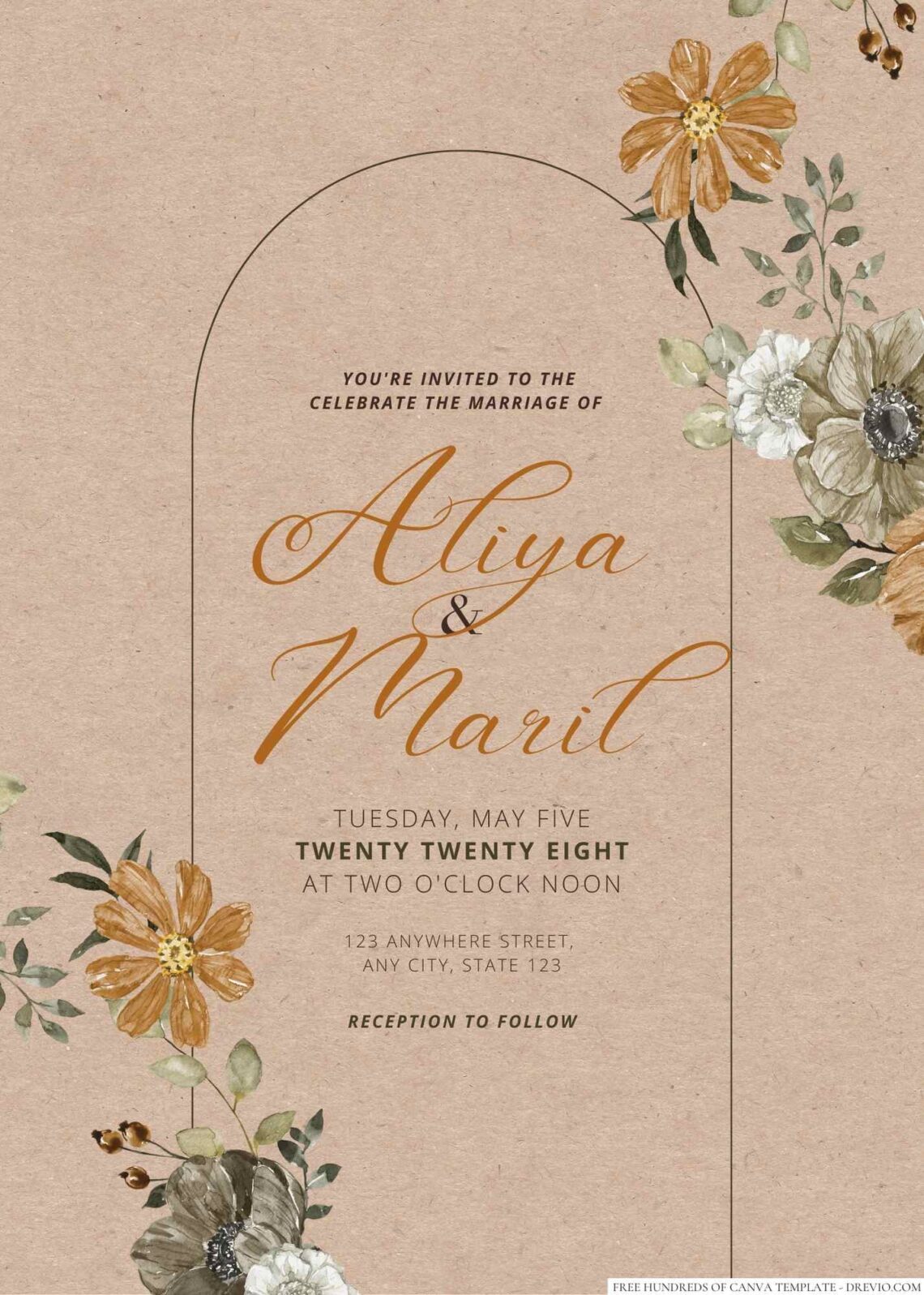 Free Editable Watercolor Rustic Floral Wreath Wedding Invitation