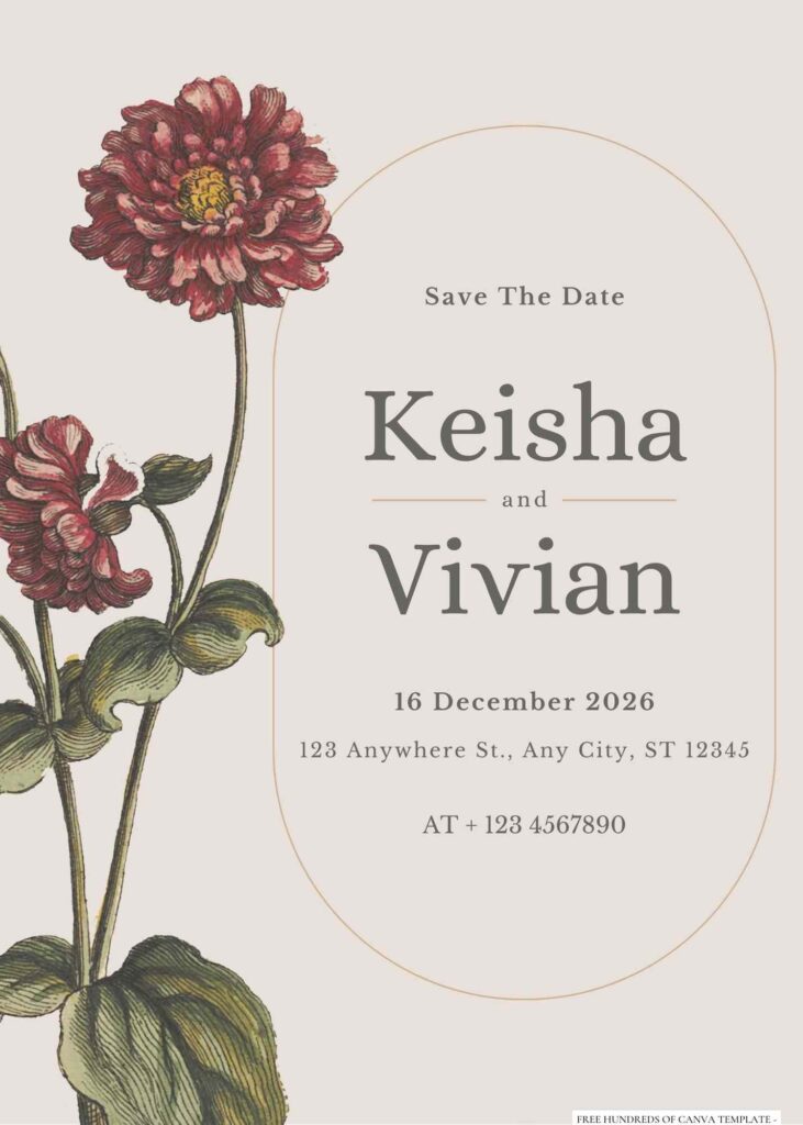 Free Editable Vintage Floral Plant Illustration Wedding Invitation