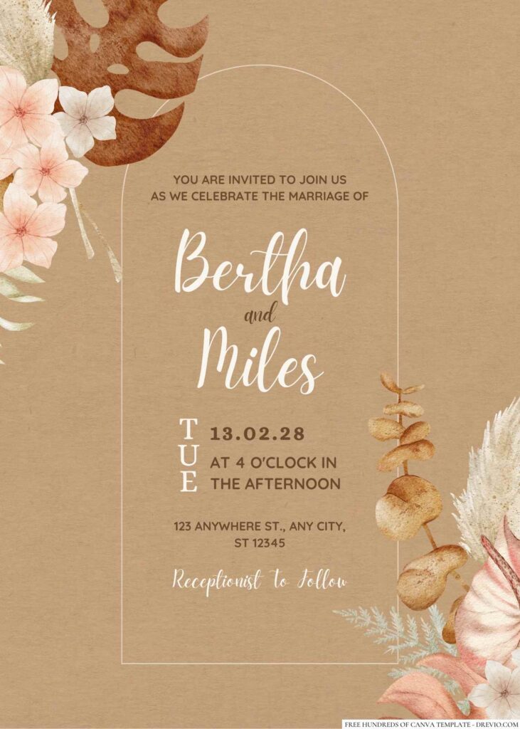 Free Editable Rustic Boho Tropical Monstera Wedding Invitation