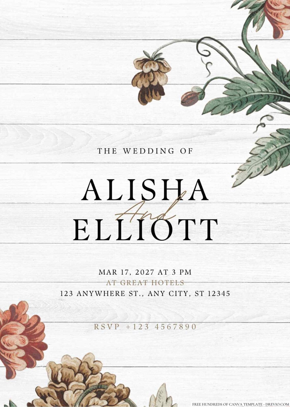 Free Editable Wood Drawing Brown Red Flower Wedding Invitation
