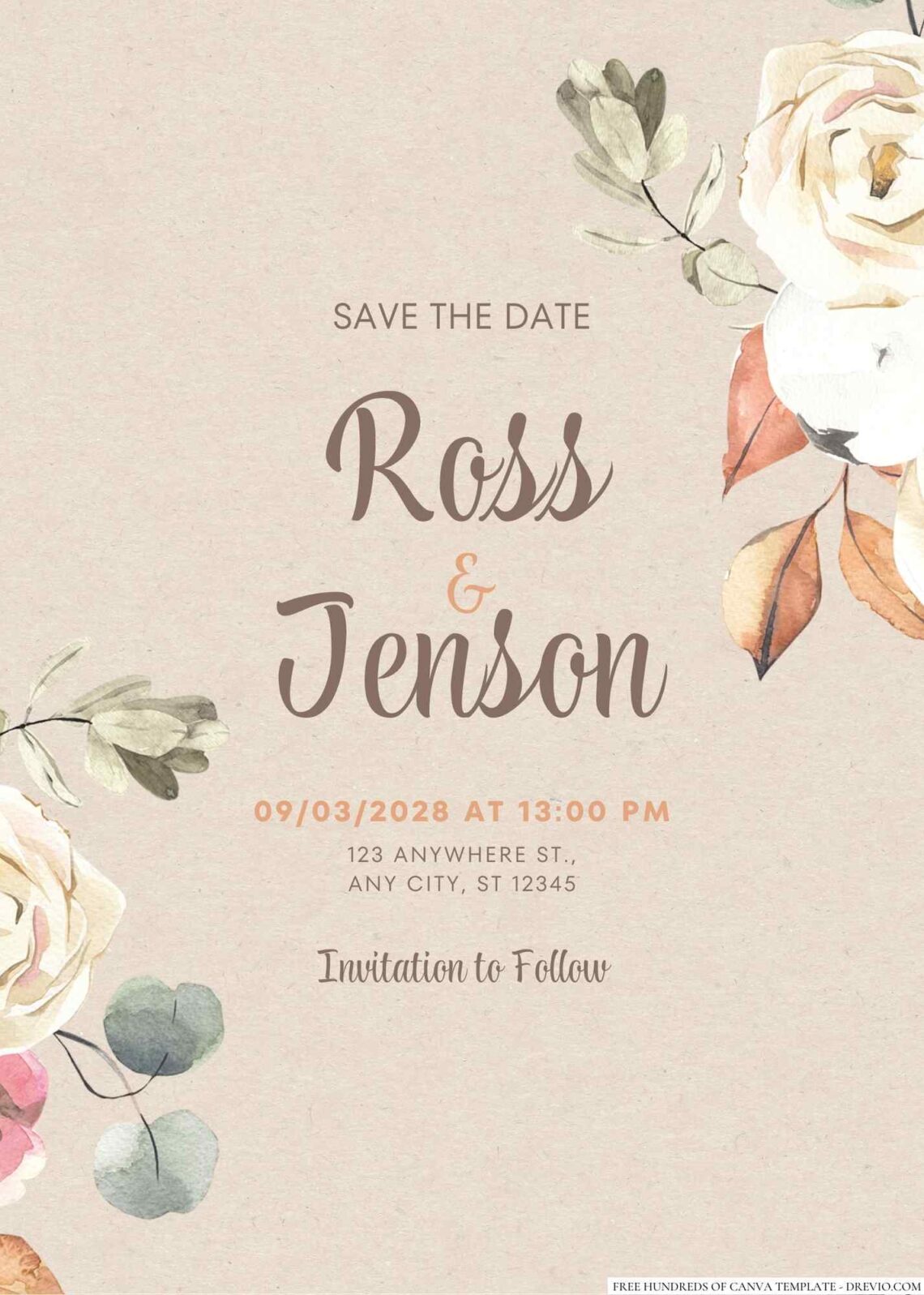 Free Editable Rustic Autumn Flower Watercolor Wedding Invitation