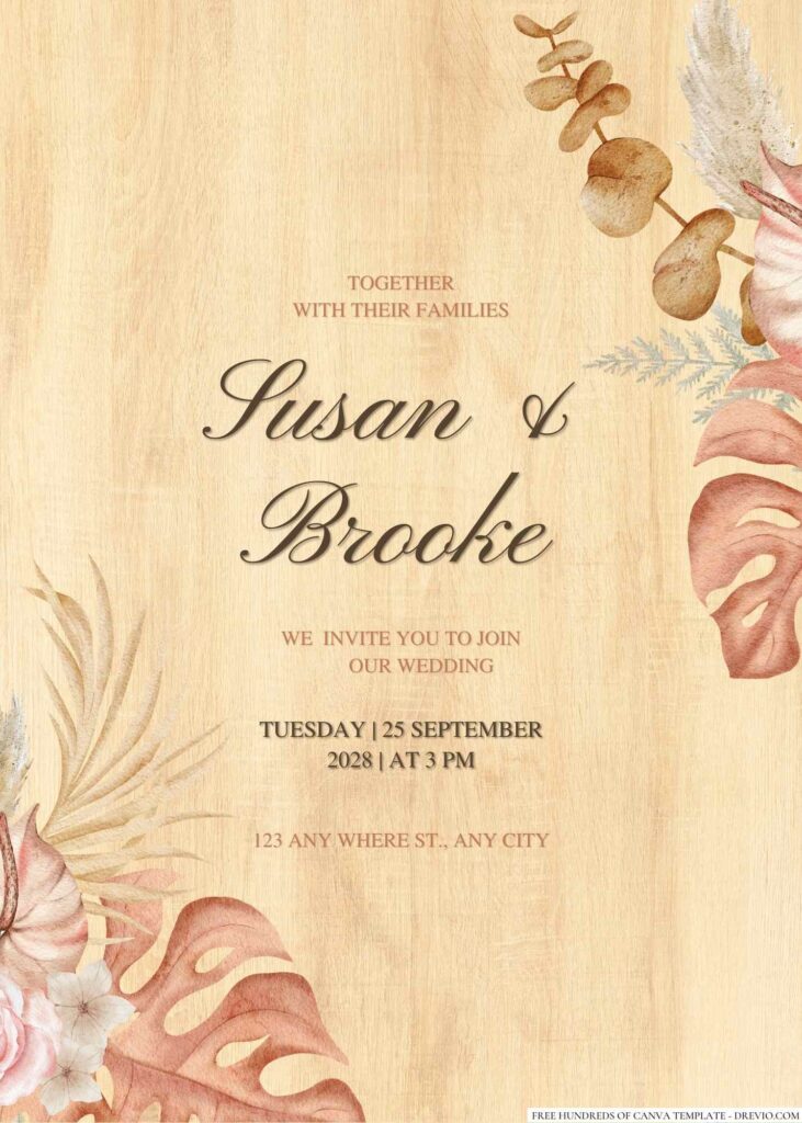 Free Editable Wood Boho Tropical Dried Pink Wedding Invitation