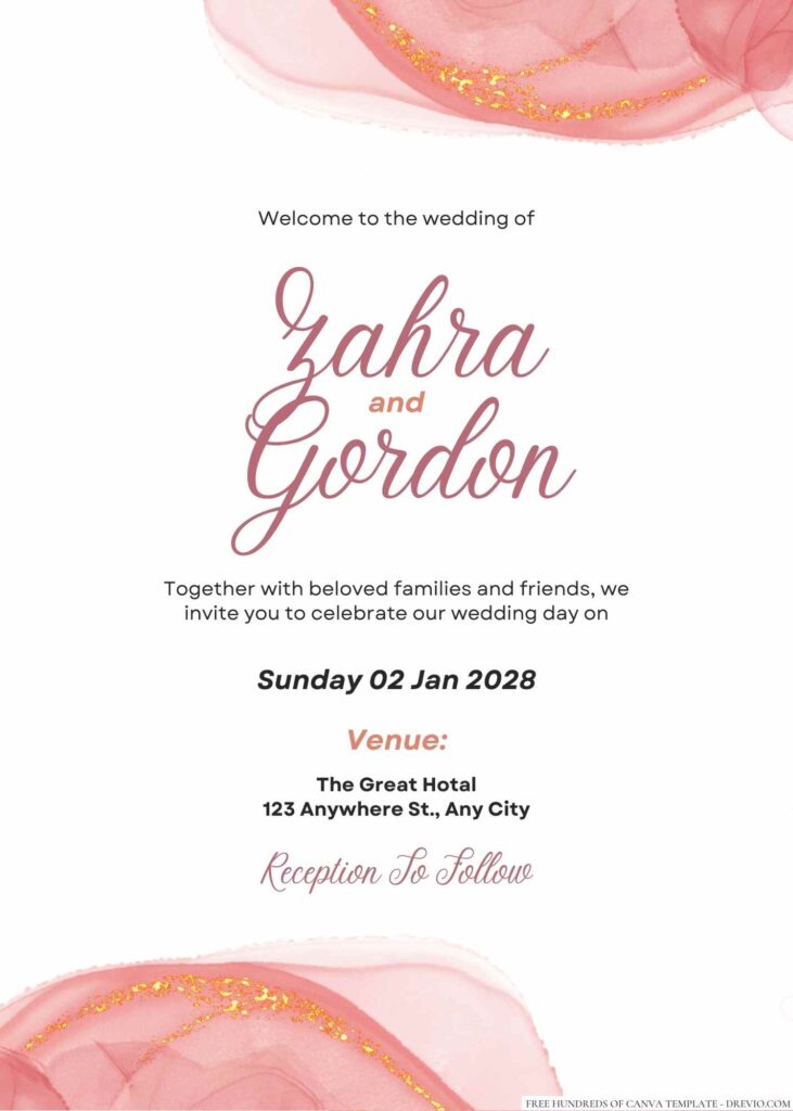 Free Editable Rose Gold Glitter Ink Splash Wedding Invitation