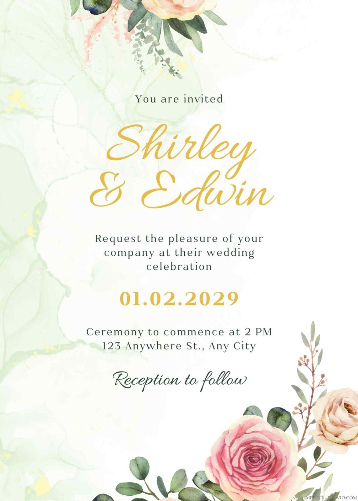 Free Editable Minimalist Greenery Pink Floral Wedding Invitation