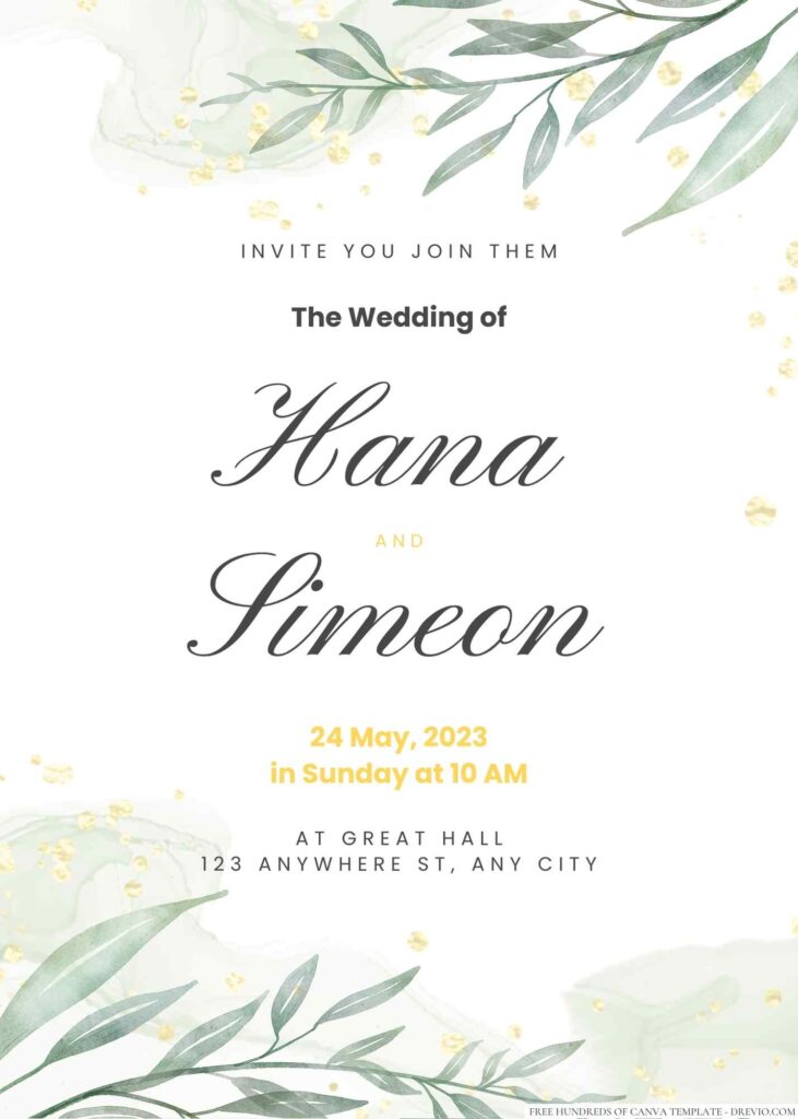 Free Editable Minimalist Greenery Curve Leaves Wedding Invitation