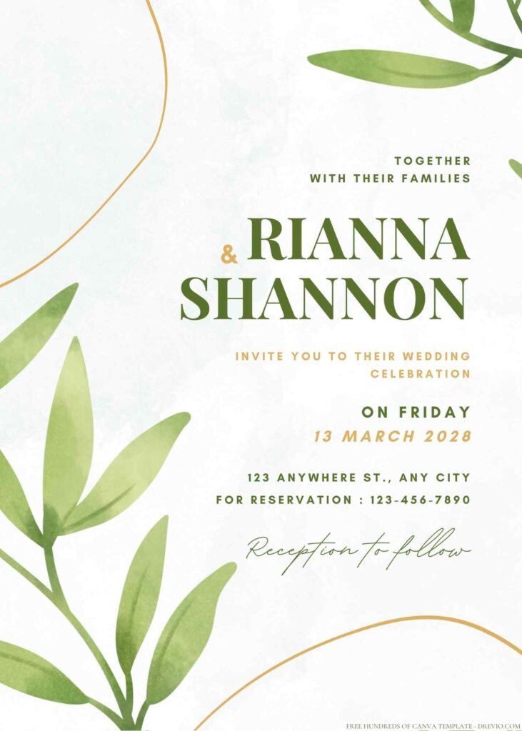 Free Editable Minimalist Green Leaves Watercolor Wedding Invitation