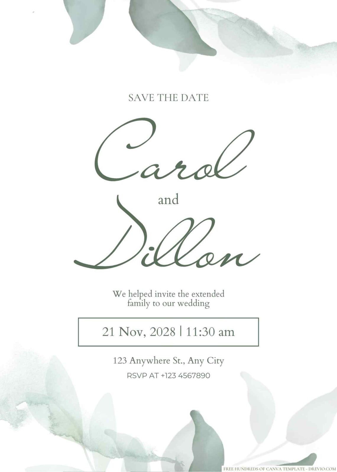 Free Editable Minimalist Dark Green Leaves Wedding Invitation