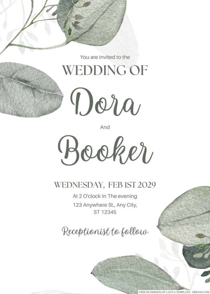 Free Editable Minimalist Exotic Green Leaves Wedding Invitation