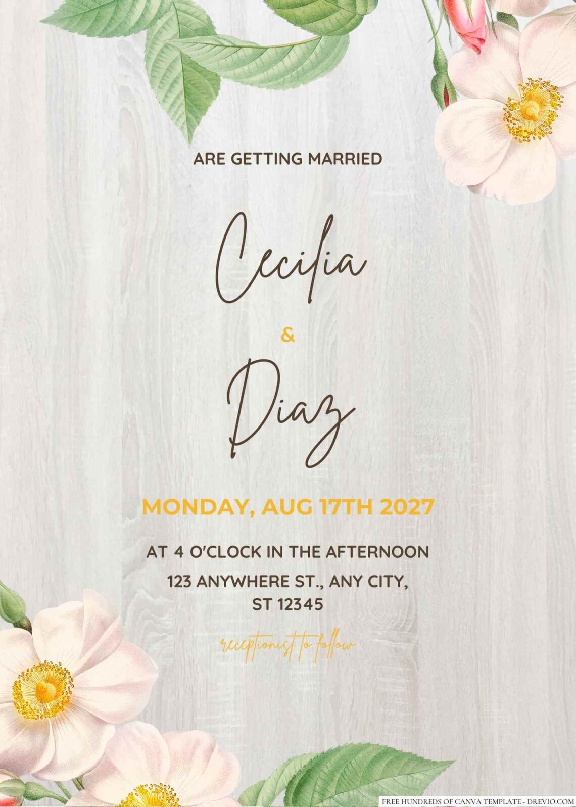 Free Editable Wood Rose White Watercolor Wedding Invitation