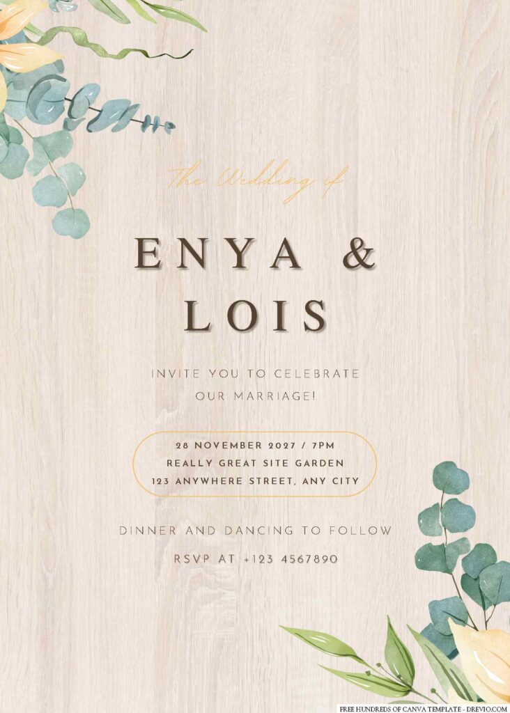 Free Editable Wood Yellow Floral Arrangement Wedding Invitation