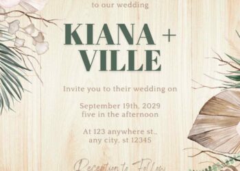 Free Editable Wooden Green Tropical Floral Wedding Invitation