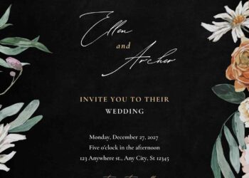 Free Editable Chalkboard Watercolor Orange White Floral Wedding Invitation