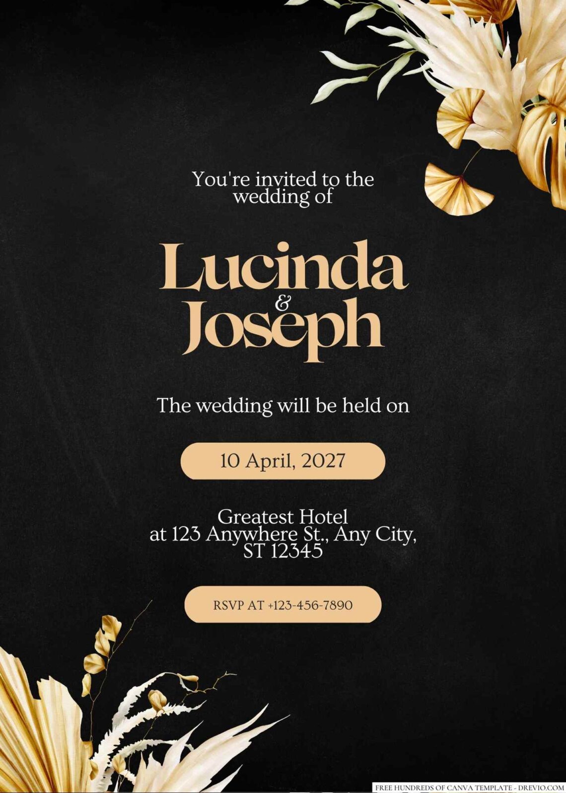 Free Editable Chalkboard Delicate Gold White Flower Wedding Invitation