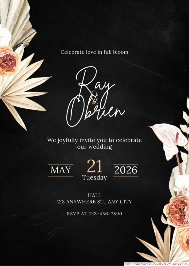 Free Editable Chalkboard Boho Dried Floral Wedding Invitation