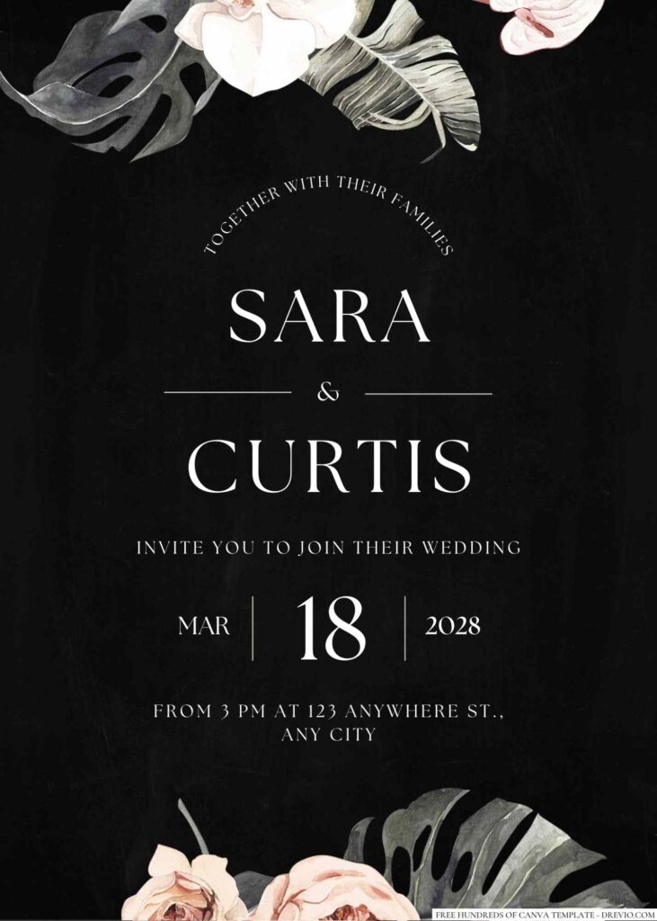 Free Editable Chalkboard Tropical Dark Leaves Wedding Invitation