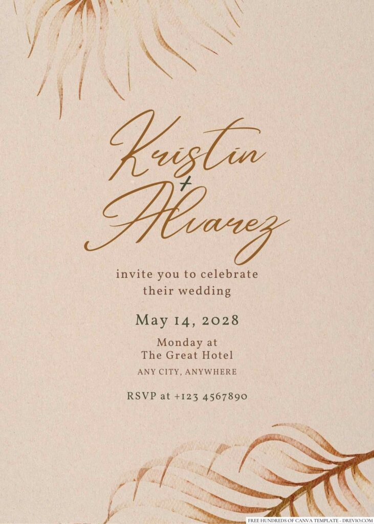 Free Editable Rustic Watercolor Dried Leaf Brown Wedding Invitation