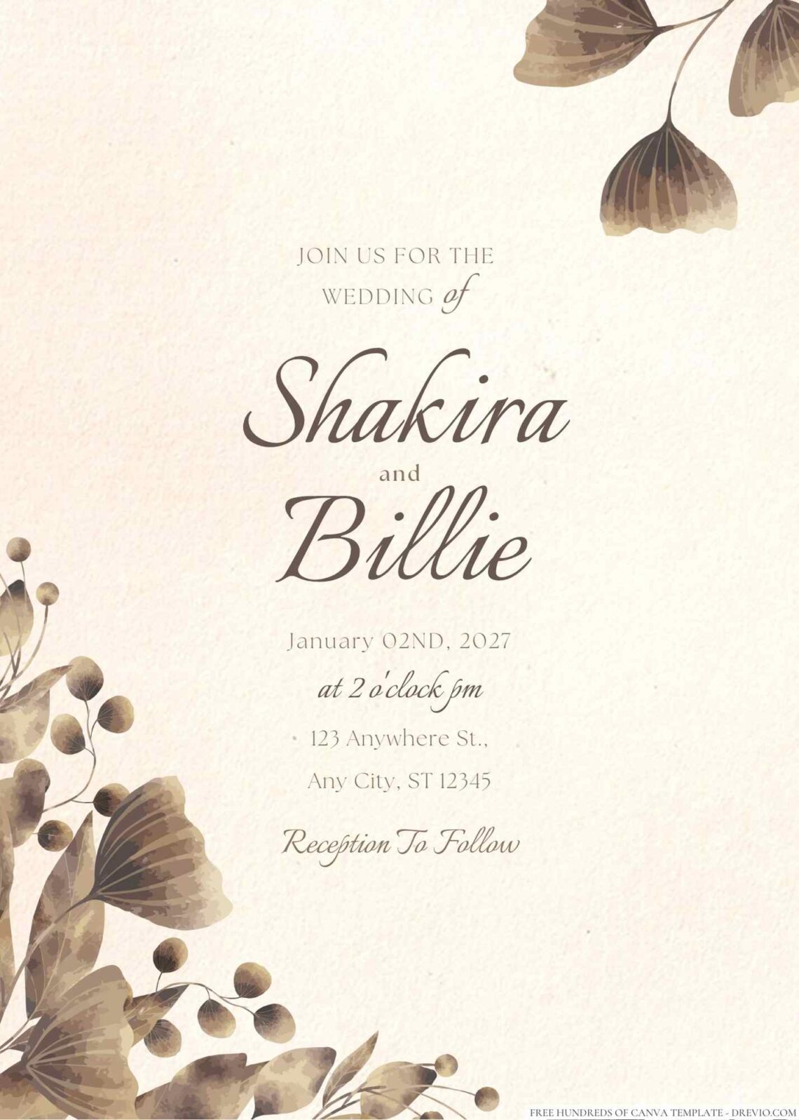 Free Editable Watercolor Rustic Floral Brown Wedding Invitation