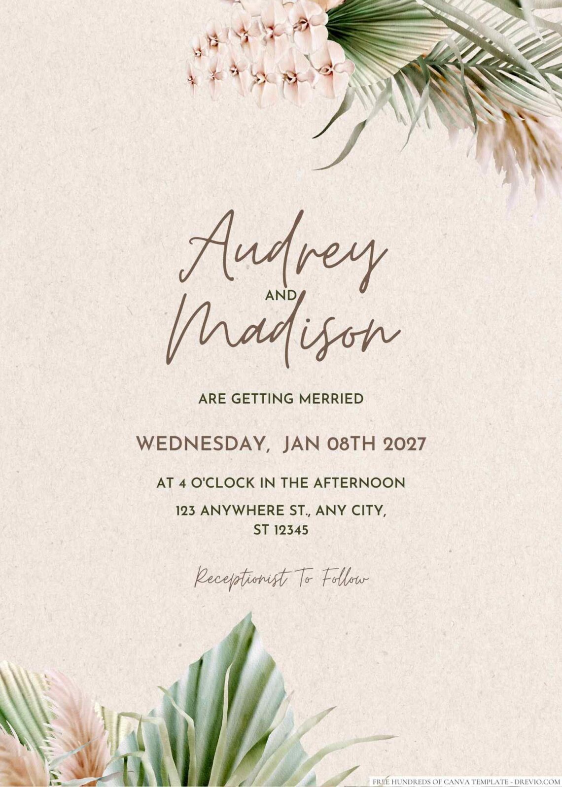 Free Editable Rustic Pampas Grass Dried Floral Wedding Invitation