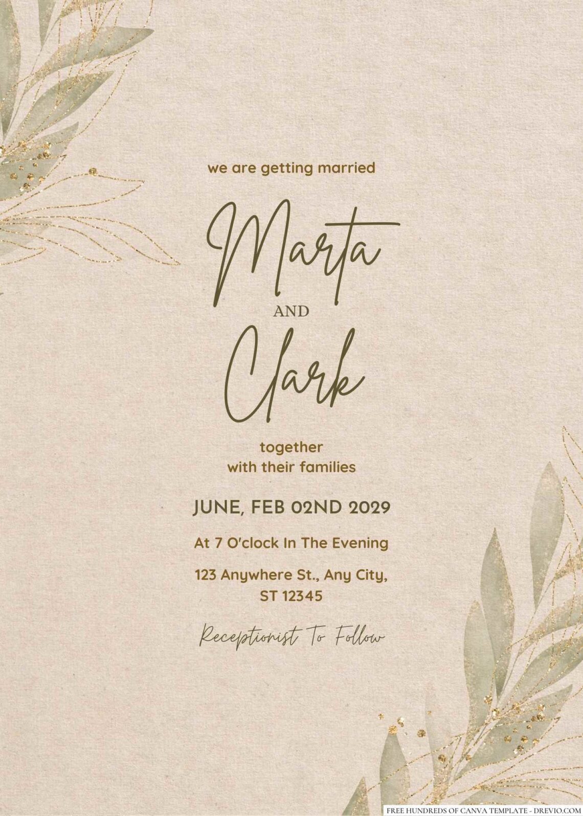 Free Editable Rustic Green Gold Leaves Wedding Invitation