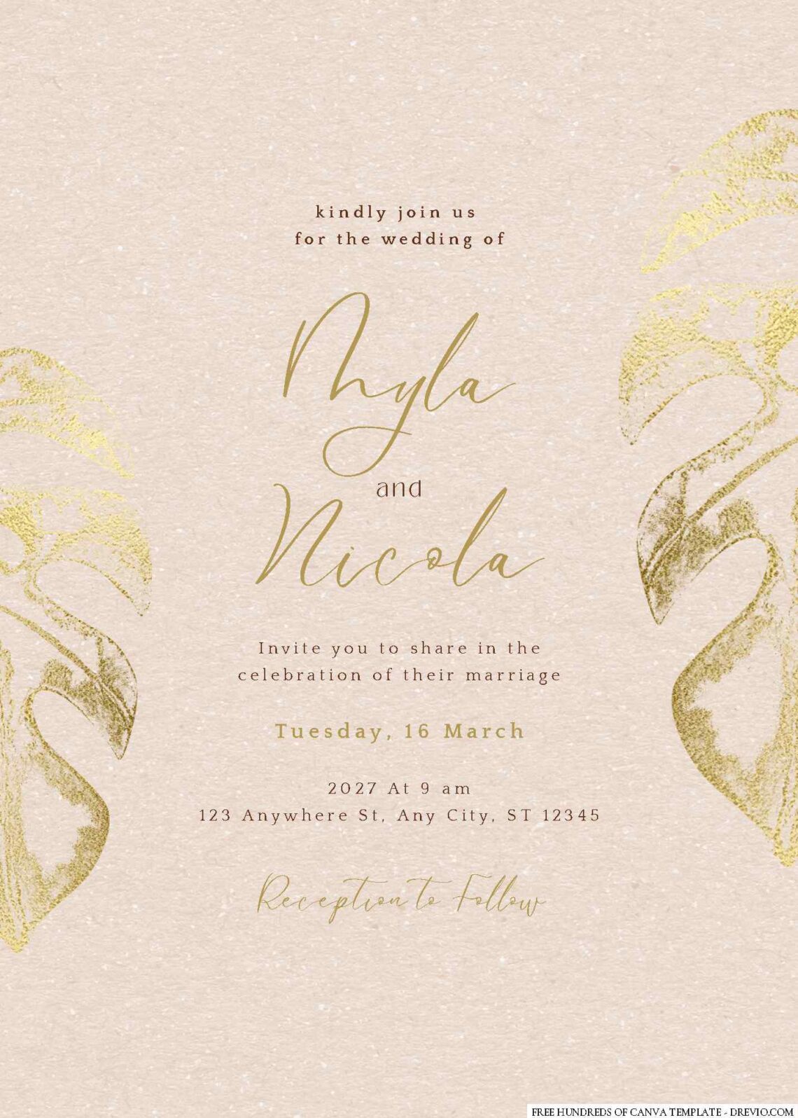 Free Editable Rustic Gold Monstera Tropical Wedding Invitation