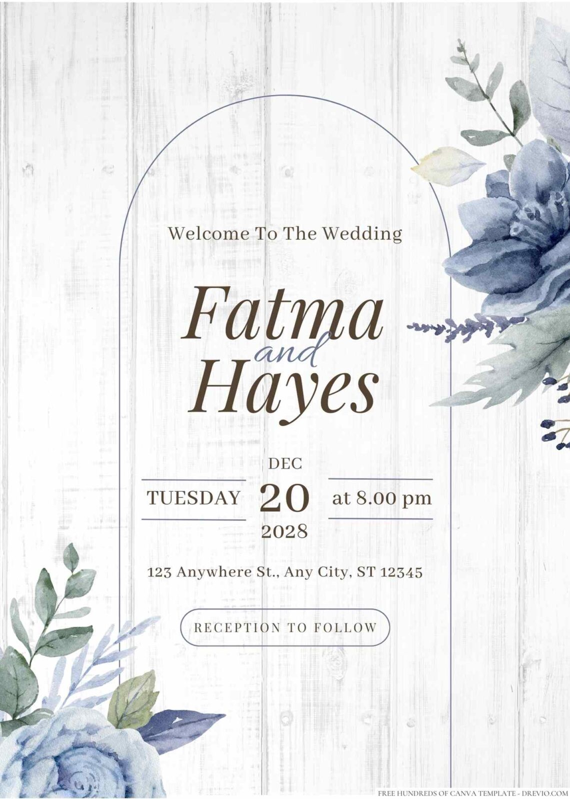 Free Editable Wooden Dusty Blue Floral Wedding Invitation