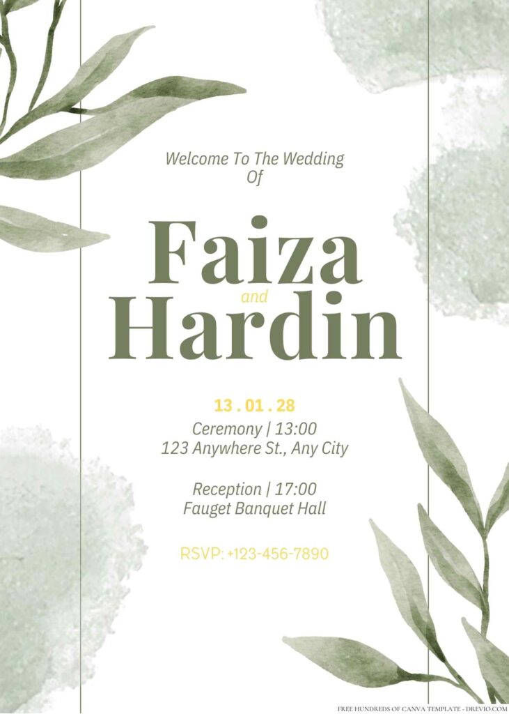 Free Editable Minimalist Greenery Leaf Watercolor Wedding Invitation